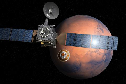 Die ESA-Sonde Exomars TGO nähert sich 2016 dem Mars und trennt die Landesonde Schiaparelli ab. Der weitere Verlauf des Projekts ist ungewiss.         Archivfoto: ESA