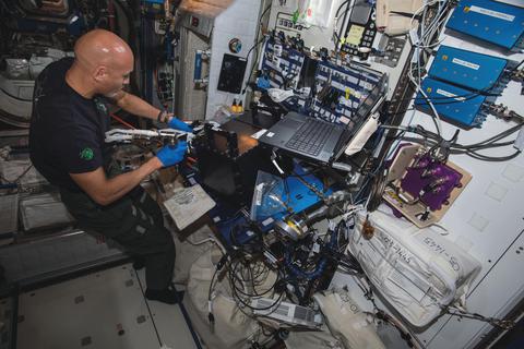 ESA-Astronaut Luca Parmetano installiert das "Rubi"-Experiment an Bord der Internationalen Raumstation.  Foto: ESA/Nasa 