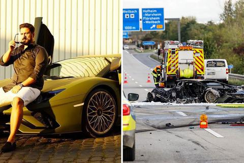 Links: Navid F., auf Instagram nennt er sich Navid Alpha, posierte vor einigen Wochen mit seinem Lamborghini auf Instagram. Rechts: Der Lamborghini nach dem tödlichen Unfall auf der A66 bei Hofheim.  Fotos: Instagram, wiesbaden112/dpa