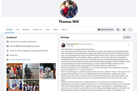 Regelmäßig postet der Groß-Gerauer Landrat Thomas Will (SPD) Updates auf seinem Facebookprofil. Das führte nun zu Kritik bei der CDU. Screenshot: VRM
