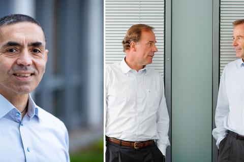 Links: Biontech-Chef Ugur Sahin. Rechts die Gebrüder Andreas (li.) und Thomas Strüngmann.  Fotos: Sascha Kopp, Armin Brosch