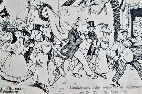 "Offizielle Festpostkarte" im Kunstverlag Gustav Mandt für die Landwirtschaftliche Kreisschau in Lauterbach im Jahr 1910 von Käthe Olshausen-Schönberger.  Repro: Stoepler´ 