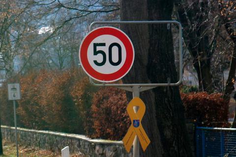 Als Provisorium wurde bis zur Lieferung als Hinweis für die Autofahrer ein Tempo-50-Schild angebracht.  Foto: Stoepler 