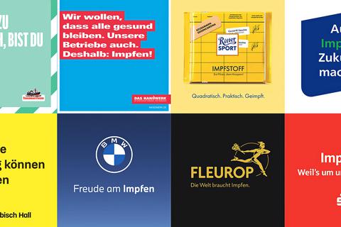 Acht Motive der Werbekampagne von deutschen Unternehmen und Organisationen, die Menschen dazu bewegen will, sich gegen das Corona-Virus impfen zu lassen. Überschrift der Kampagne ist der auch von der Bundesregierung genutzte Slogan #ZusammenGegenCorona. Foto: dpa