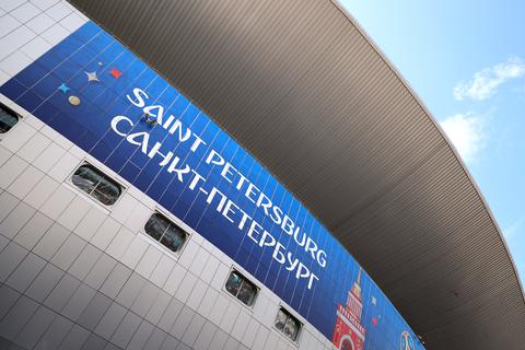 Russland, St. Petersburg: Ein Schriftzug an der Gazprom Arena.  Foto: Tim Goode/PA Wire/dpa